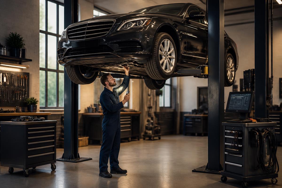 Clean workshop with vehicle on lift
